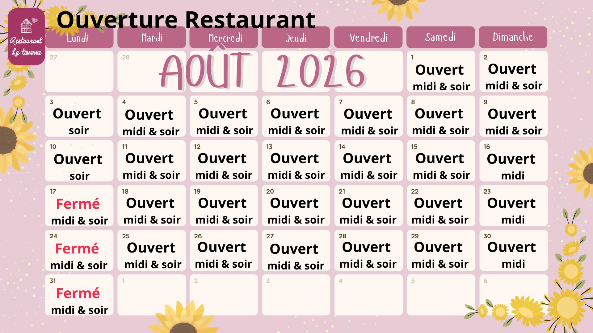 ouverture août resto