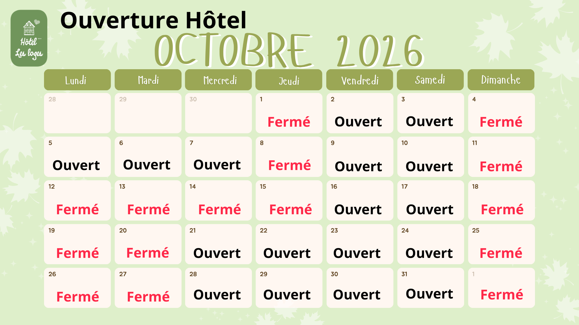 ouverture octobre hotel