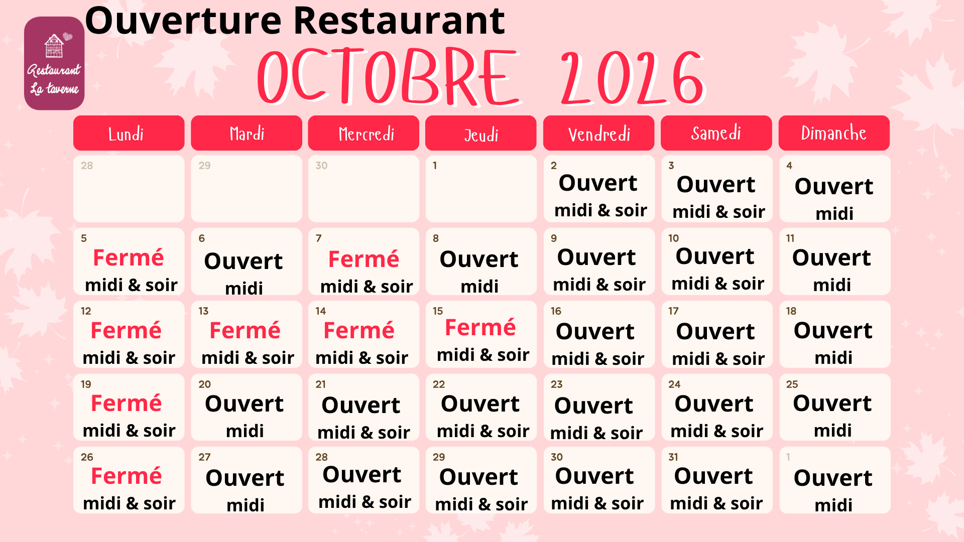 ouverture octobre resto